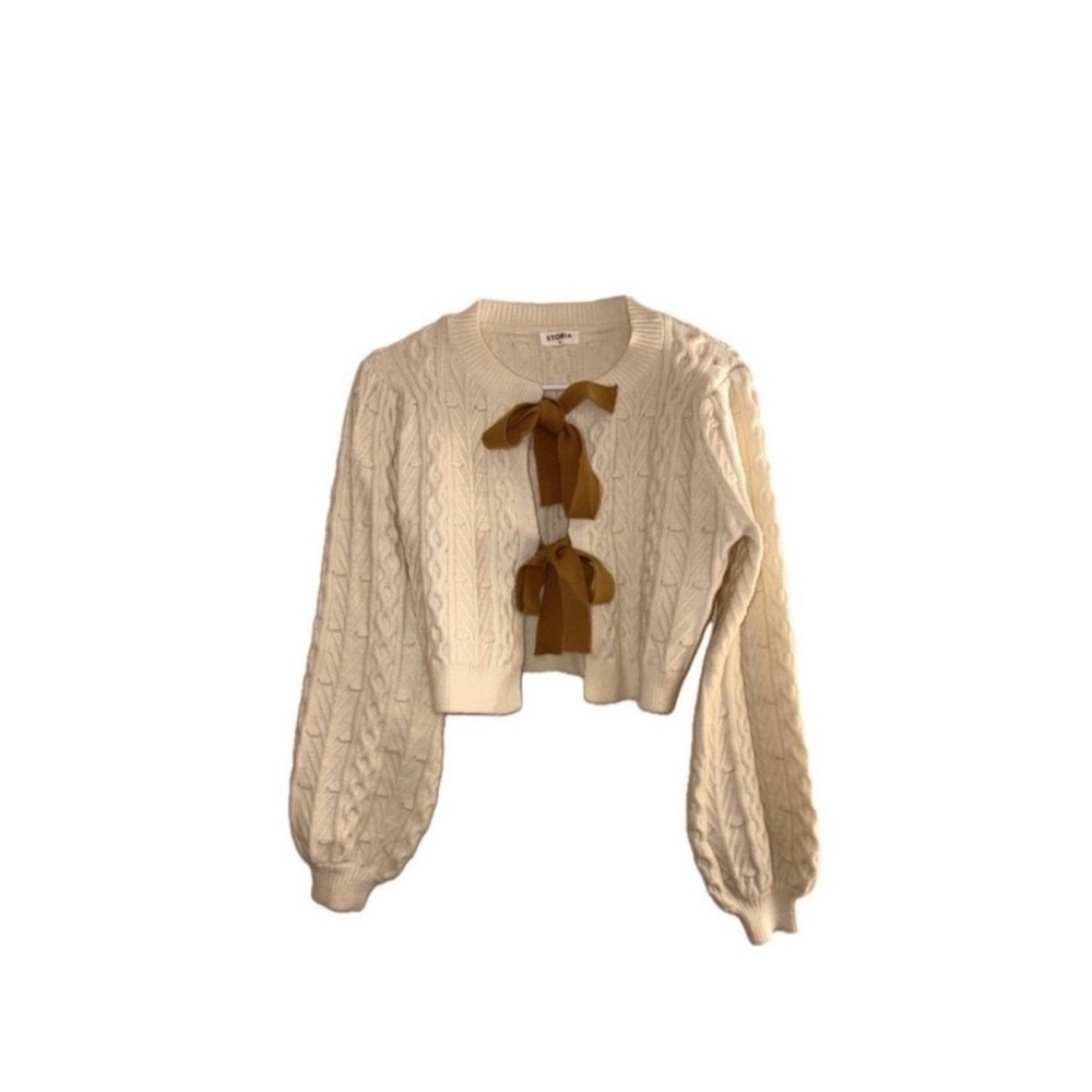 Cream Cable Knit Sweater with Brown Accents